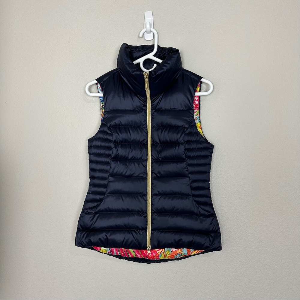 Lilly Pulitzer Navy Blue Down Fill Full Zip Floral Print Lined Vest Size…